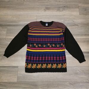 VTG 80s Sweater Panther Mixed Pattern Pullover Sweater - Floral & Stripe - Retro